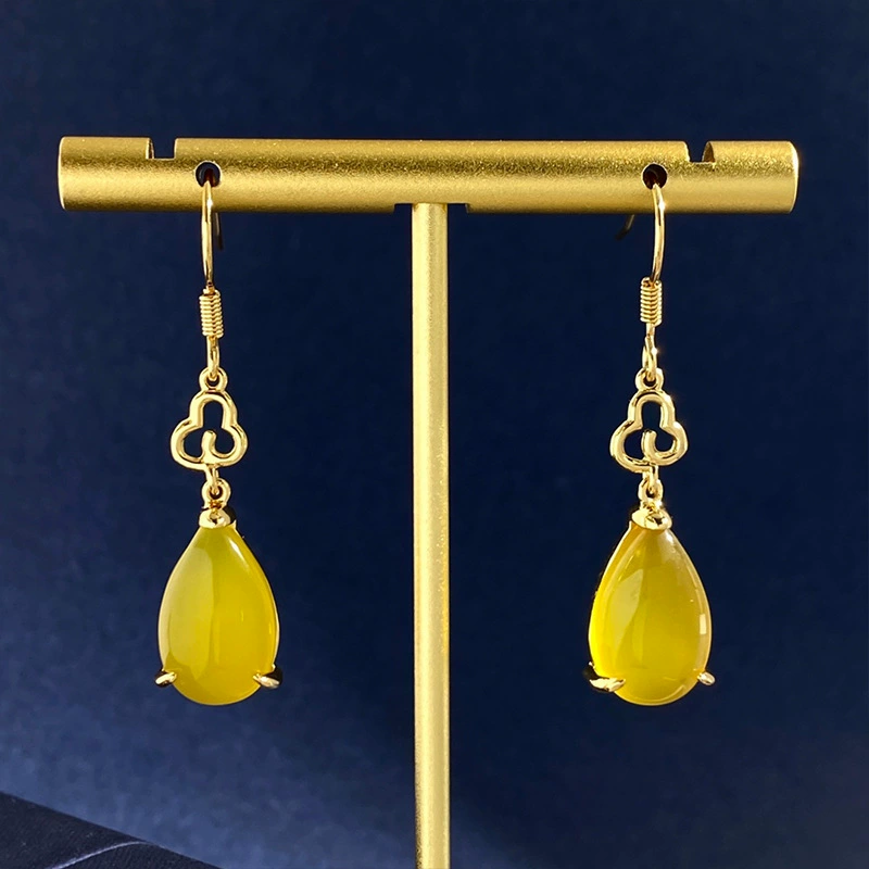 Серьги с бонежественным камнем в jade вставке, натуральная руда, чхонсам, аксессуар, китайский стиль, городской стиль