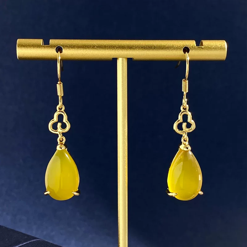 Серьги с бонежественным камнем в jade вставке, натуральная руда, чхонсам, аксессуар, китайский стиль, городской стиль