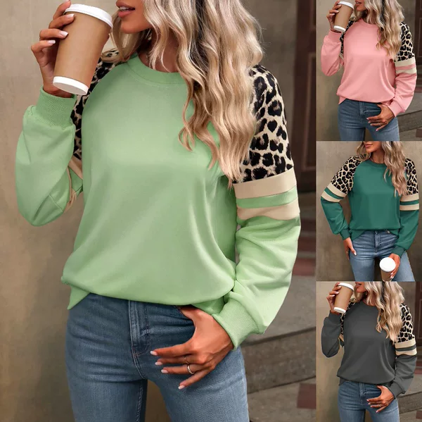 2025 European and American Cross-Border Women's Clothing Amazon Independent Site Autumn and Winter New Leopard Print Color-Blocking Long-Sleeve Loose Sweatshirt for Women