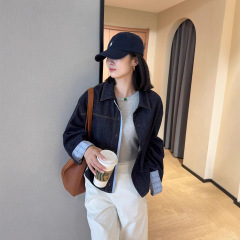 品质拼接格纹小个子短款天丝翻领牛仔衬衫外套女2025早秋G082104