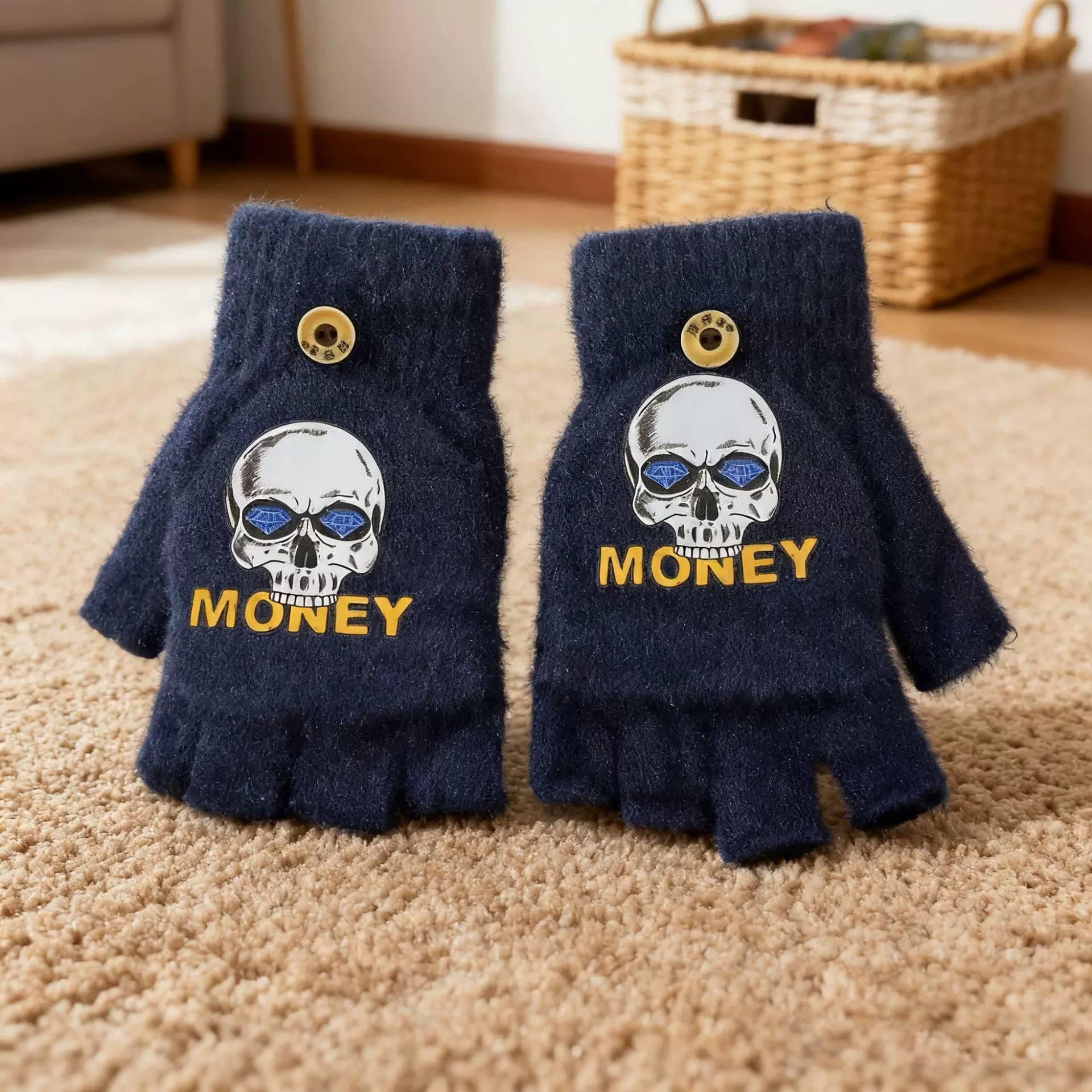 新款毛绒秋冬季半指翻盖保暖加厚工厂漏指仿貂绒针织学生写字手套