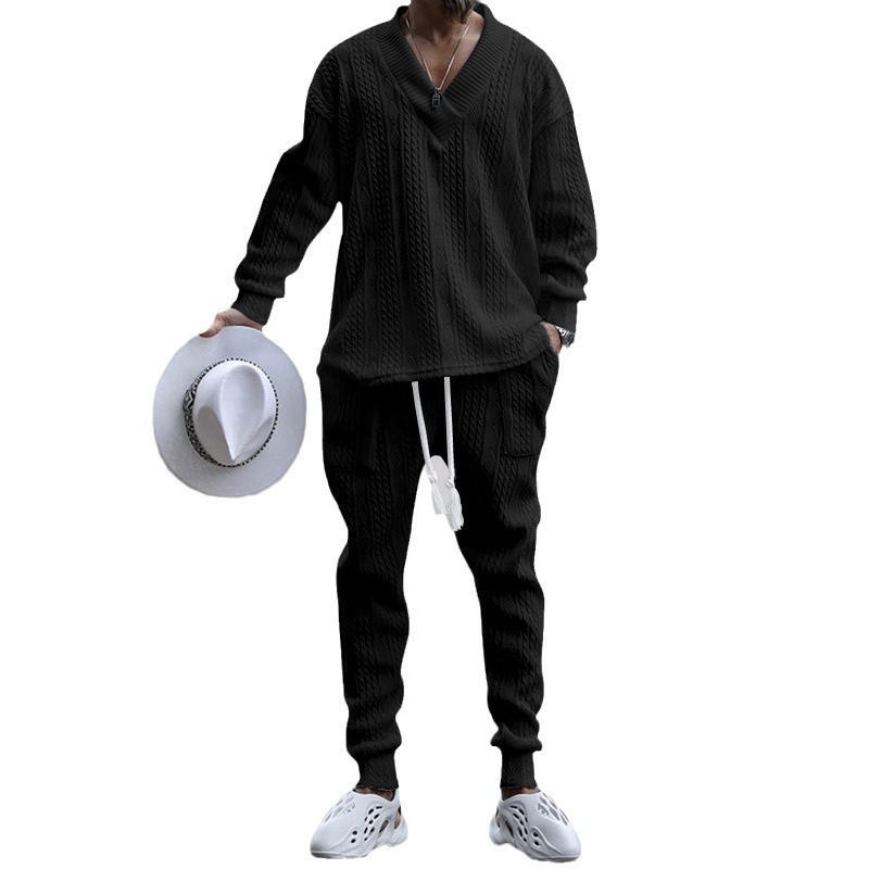 2024 hombres grandes con cuello en V jacquard prendas de punto de otoño e invierno Nuevo Amazon estación independiente europea y americana de ocio traje deportivo