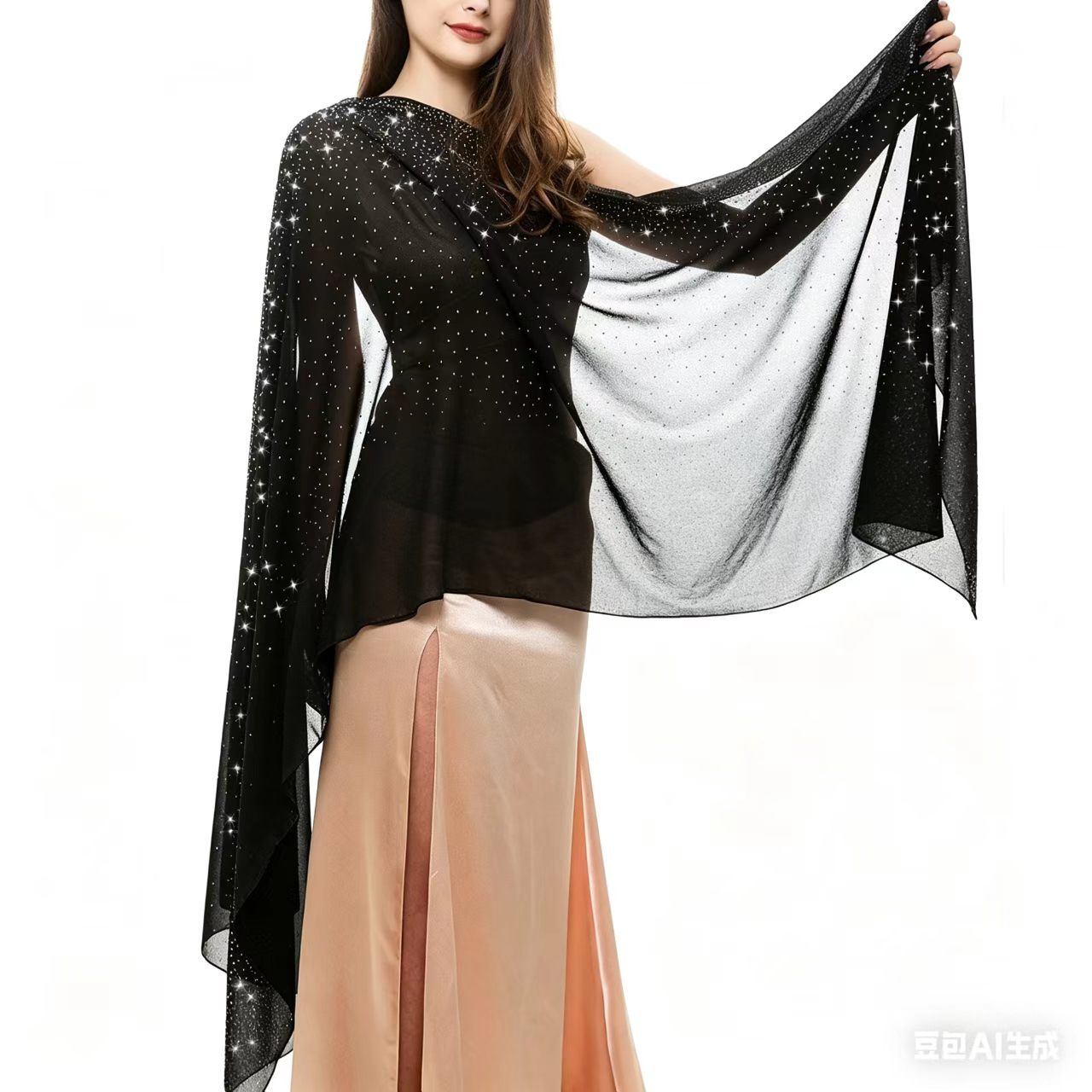 Women's Evening Dress Chiffon Shawl Imitation Rhinestone Shiny Scarf Soft Transparent Wedding Party Prom Headscarf Veil