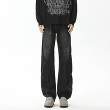 定制欧货痞帅时尚个性美式高街牛仔裤男款拼接直筒微喇vibe风裤子