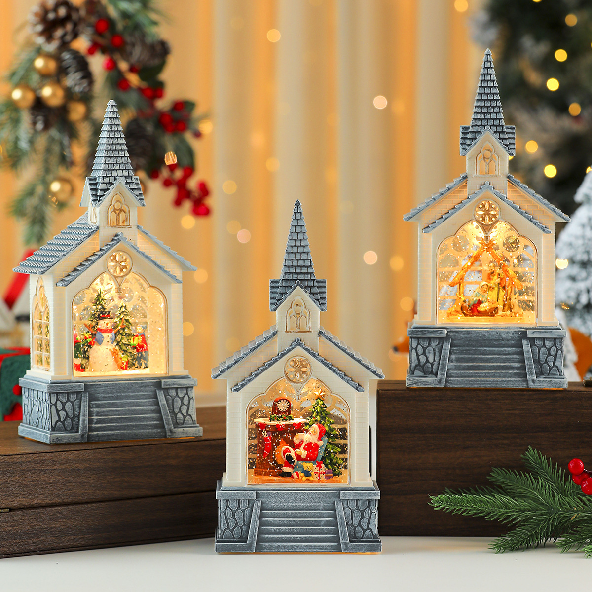 Regalo de Navidad Casa de Santa Claus Lámpara de viento de cristal Decoración de Navidad Decoración de la casa Nieve Música Caja de música