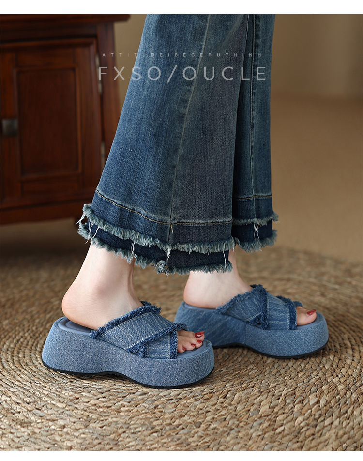 Ženski poletni copati za na plažo Design Sense Niche Retro Denim s križnim pasom in debelo podplatom_voghion.com