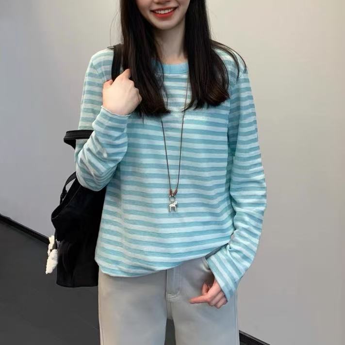 New Spring/Summer Loose-Fitting Korean-Style Color-Block Striped Design Round-Neck Long-Sleeve T-Shirt for Women 1656 # New Spring/Summer Loose-Fitting Korean-Style Color-Block Striped Design Round-Neck Long-Sleeve T-Shirt for Women 1656 #