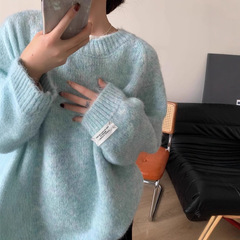 奶蓝色圆领毛衣女秋冬季小个子宽松慵懒风厚针织衫软糯内搭上衣