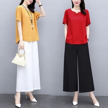 妈妈夏装阔腿裤套装50岁中老年气质棉麻两件套九分裤短袖亚麻女装