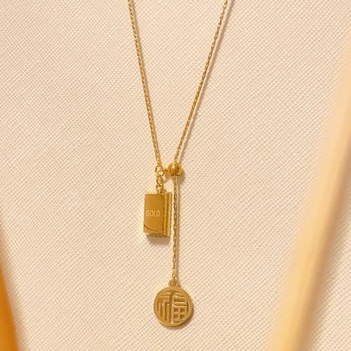 National Style Minimalist Titanium Steel Lucky Gold Bar with Tassels, Sliding Necklace for Women, Lightweight Luxury High-End Fashion, Versatile Clavicle Chain
