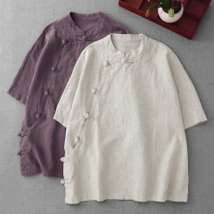 3628綿麻仏系女性布衣禅修服綿麻半袖シャツ斜襟盤ボタン茶服新中国式上着