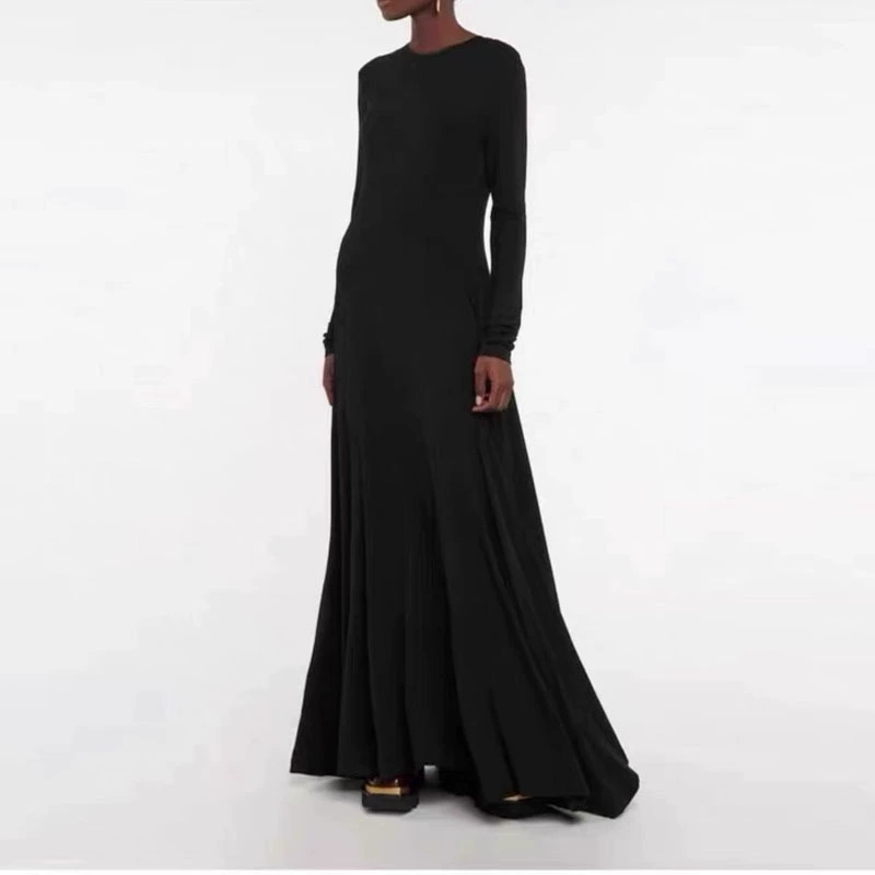 Дизайнерское весеннее и осеннее элегантное хлопковое трикотажное платье в стиле Хепберн с вышивкой спереди и эластичным длинным рукавом