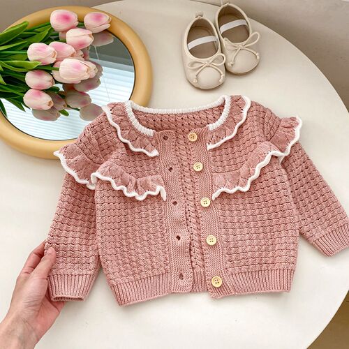  Autumn Clothing Internet Celebrity Infant and Toddler Girls Ruffled Knitted Jacket + Strap Harness Romper 2-piece Set