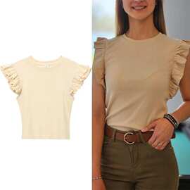 欧美女装新款甜美气质小飞袖上衣夏季短款T恤跨境速卖通