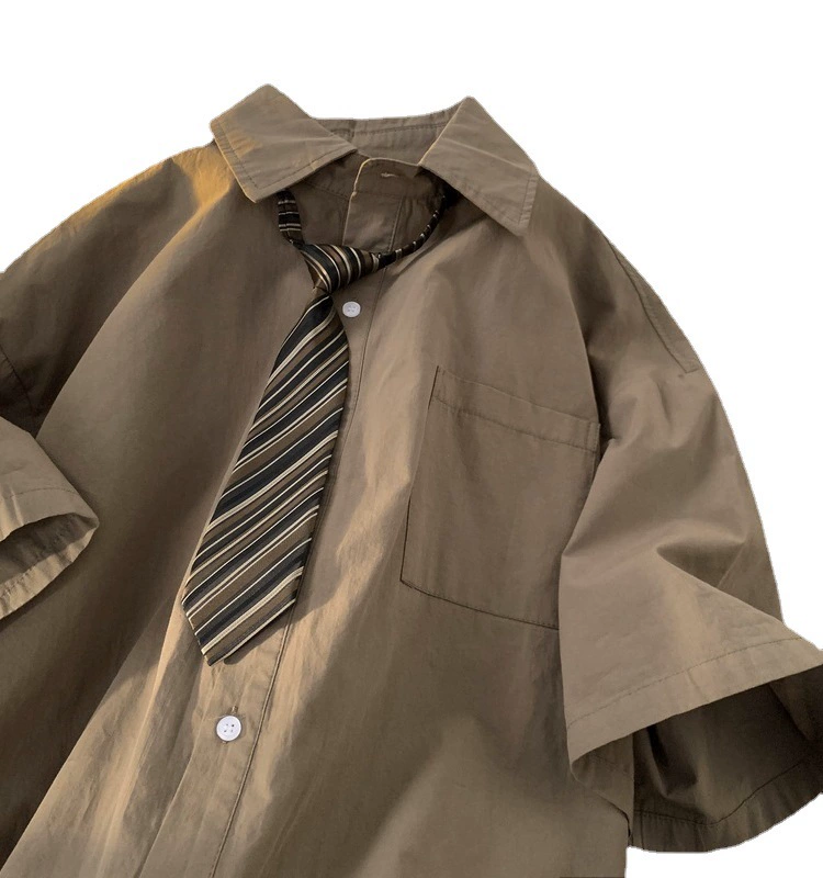 Brown Japanese shirt, uniform, with short sleeve, oversize