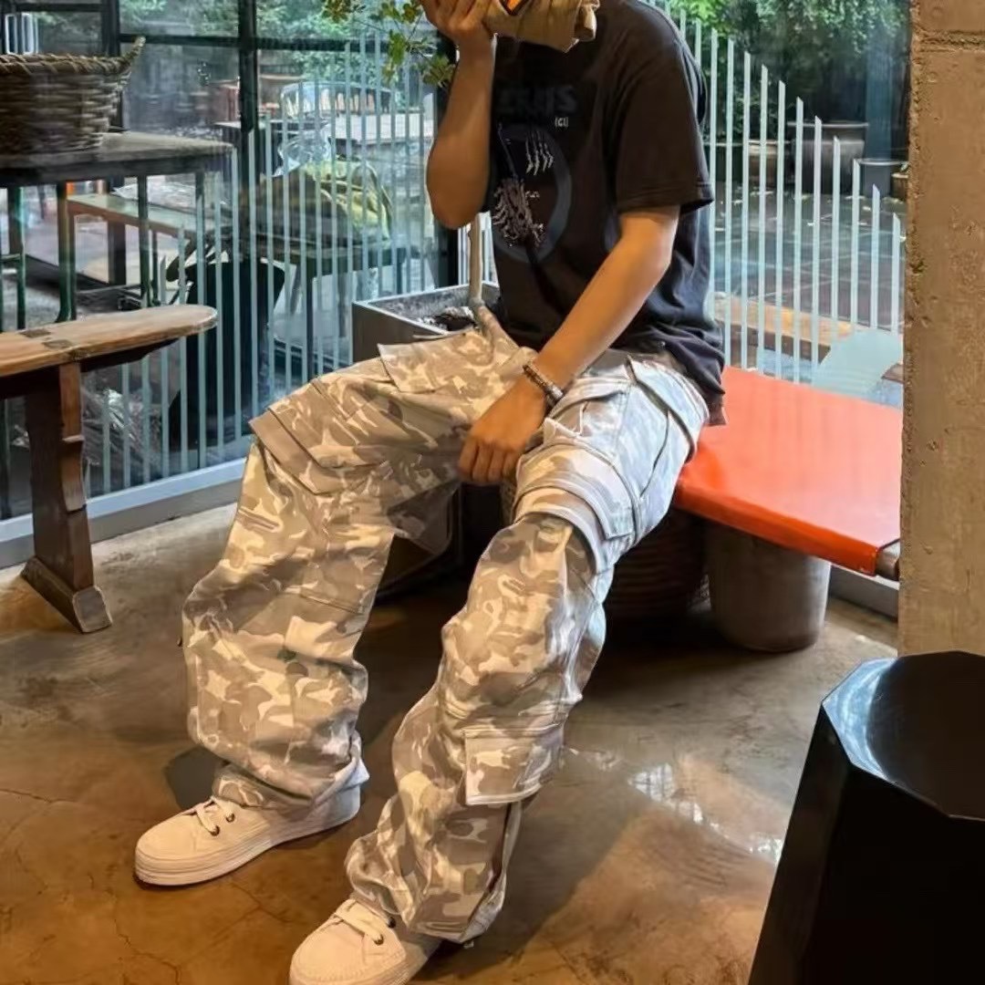 Far Archive Vibe American Dirty Washed Camouflage Multi-Flap Pocket Pants Tactical Paratrooper Functional Workwear Pants Men's Trendy Brand