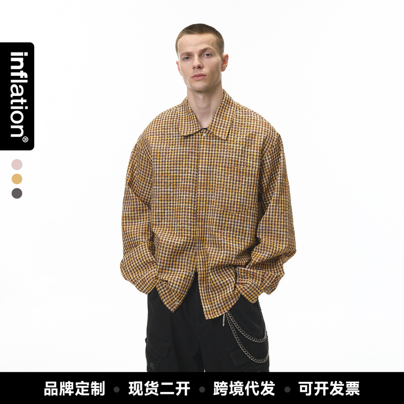 Jie Zhan Men's Clothing | Floral Plaid Shirt 26 Spring New Trendy Brand American Style Short Cardigan Seersucker Long-Sleeve Men's Shirt