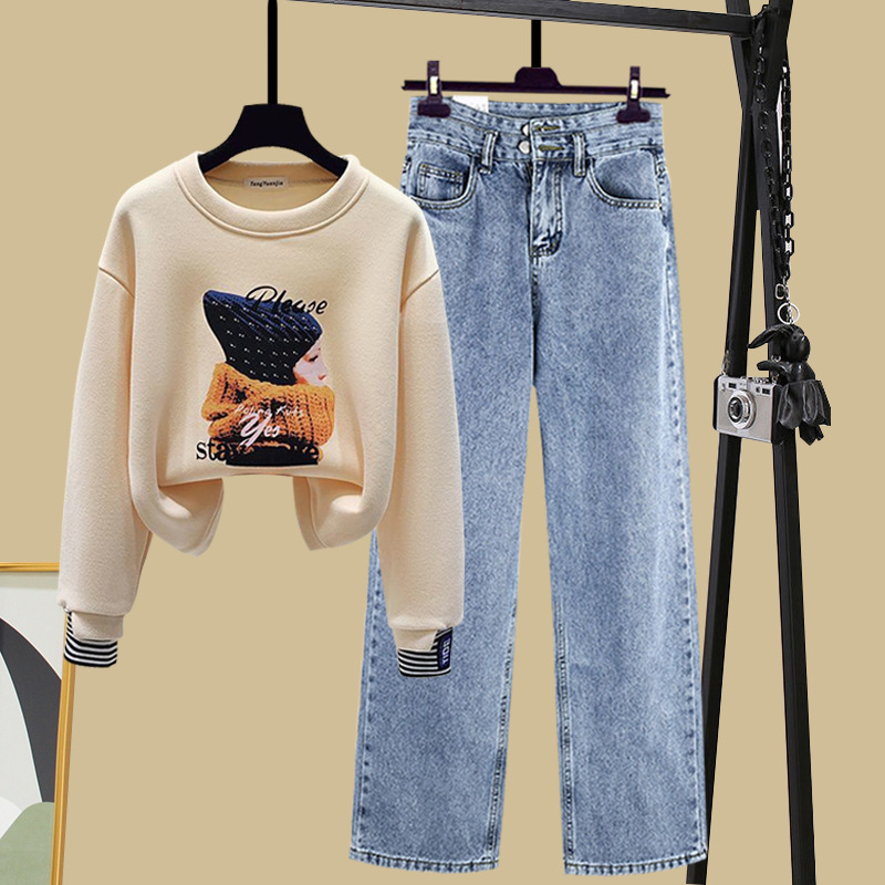 suit #2024 Autumn Explosions Printed Stitching Crewneck Wear with Loose Wide Leg Straight Slim Jeans suit #2024 Autumn Explosions Printed Stitching Crewneck Wear with Loose Wide Leg Straight Slim Jeans