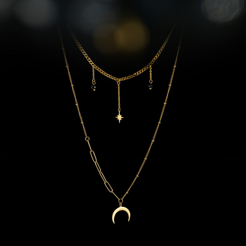 Trend Round Brand Moon Cross Black Rice Bead Double Necklace Simple 14k Gold Titanium Steel Clavicle Chain display picture 11