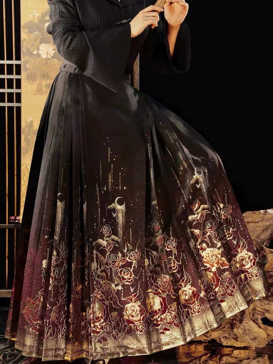 Новый китайский стиль [Золотые розы] Оригинальный китайский костюм, ткацкий золотой имитационный макияж, цветы, повседневная конская юбка, набор женщин 2024 новый