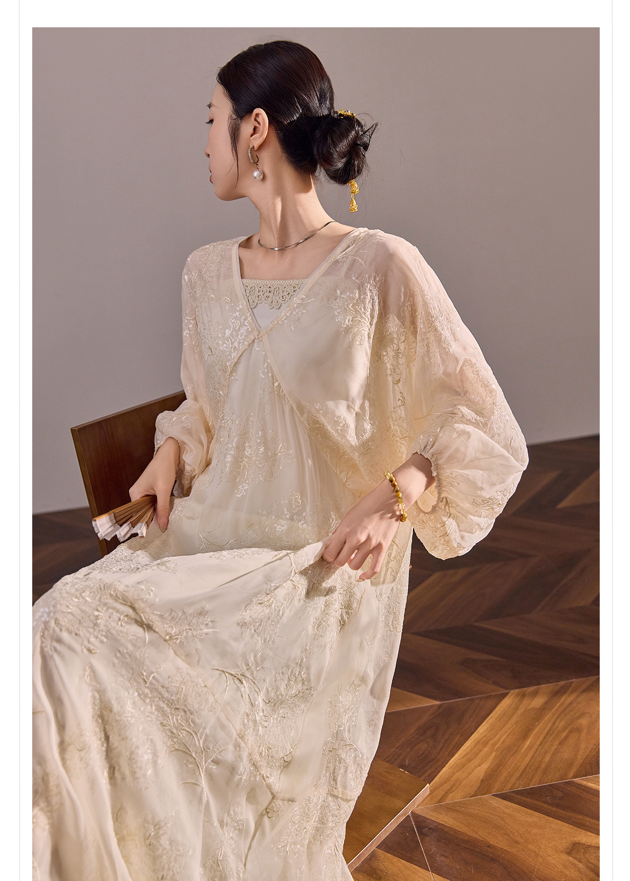 Đầm maxi nữ tay lồng cổ điển phong cách Trung Hoa mới, thiết kế thêu sang trọng — quả mơ chi tiết 6