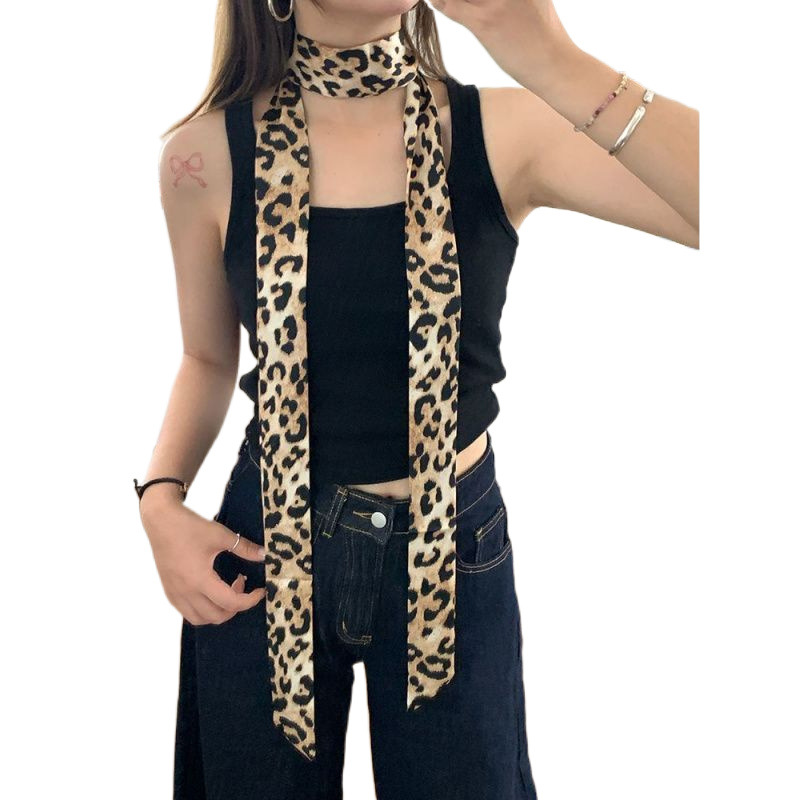 (2개) 레오파드 프린트 에스테틱 레트로 좁은 롱 스카프 여성 헤드밴드 실크 스카프 헤어타이 패션 디자인 스카프 벨트 액세서리