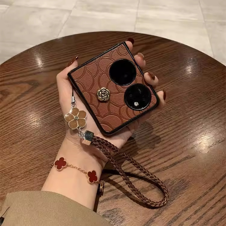 Leather Camellia Case Suitable for Huawei Pocket 2/S Foldable Screen P50, Women's Anti-Drop Protective Cover