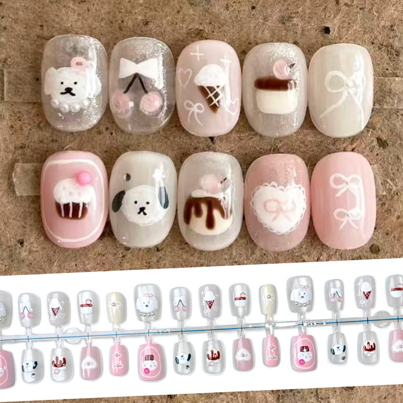 Cake Puppy Light Pink Wearable Nail Cat Eye Pearlescent Three-Dimensional Diamond Nail Art Patch Korean Girl Heart Ins