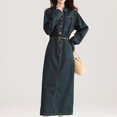 牛仔连衣裙复古秋季长袖新款收腰显瘦气质裙子时尚ins性价比高韩