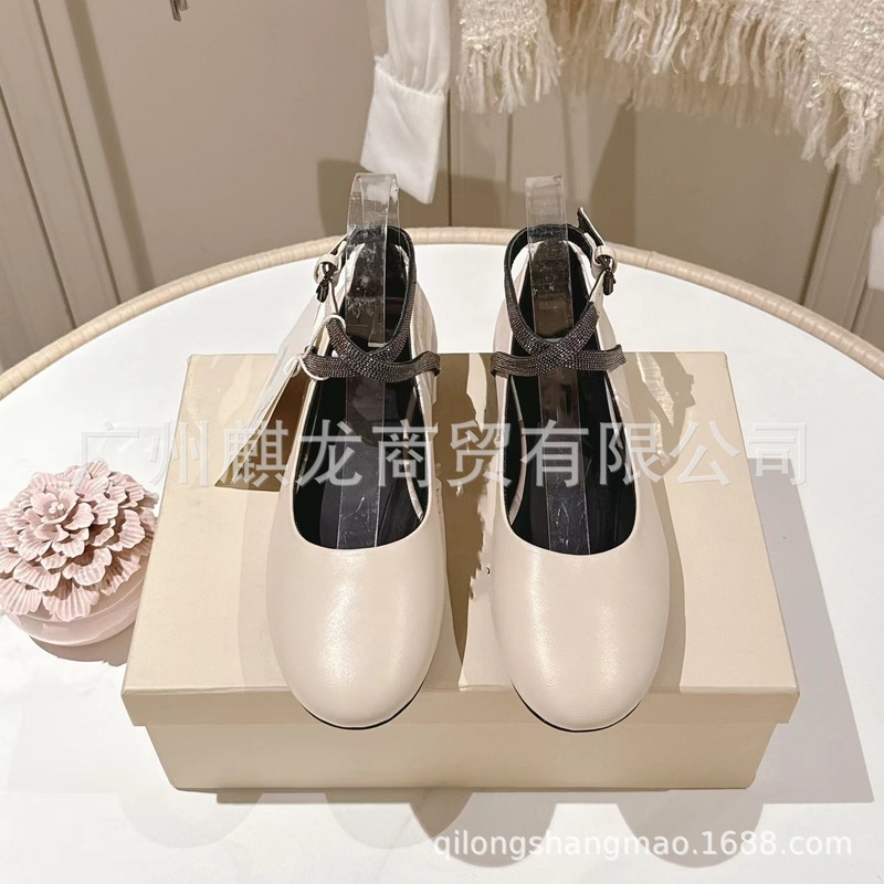 高端品质2025新款真皮圆头浅口平底手工串珠脚腕扣带芭蕾舞鞋单鞋|undefined