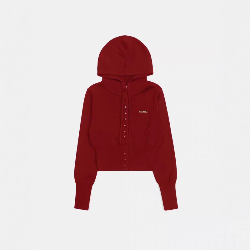 Badblood Hooded Red Knit Sweater, Casual Embroidered Single-Breasted Autumn and Winter Short Sweater Jacket for Layering