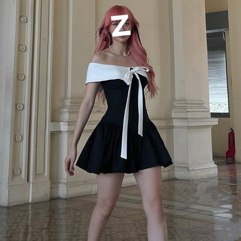 法式设计感撞色蝴蝶结一字肩连衣裙女夏气质收腰显瘦百搭a字短裙|undefined
