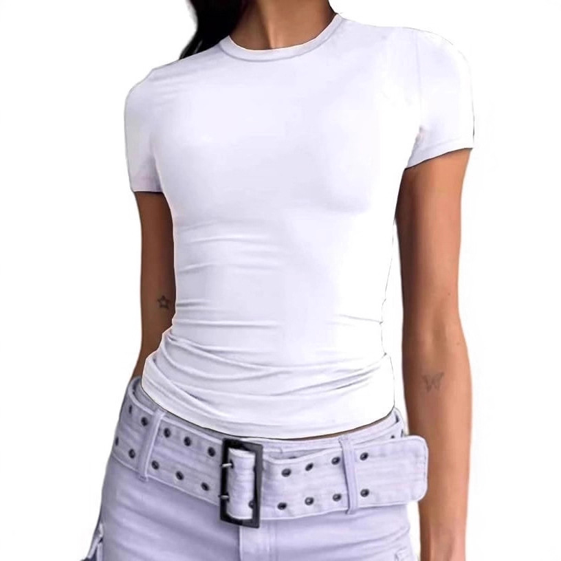 European and American Women's Casual Short-Sleeved T-Shirts Spring & Fall Pure Color High-End Slim Pullover Women's Street Wear Bottoming Shirt Tops