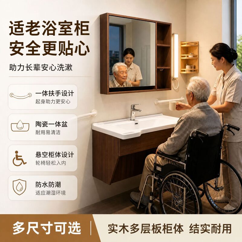 Elderly-friendly bathroom cabinet with handrails, ceramic basin, solid wood bathroom cabinet, anti-slip multi-functional mirror cabinet combination, customizable Elderly-friendly bathroom cabinet with handrails, ceramic basin, solid wood bathroom cabinet, anti-slip multi-functional mirror cabinet combination, customizable