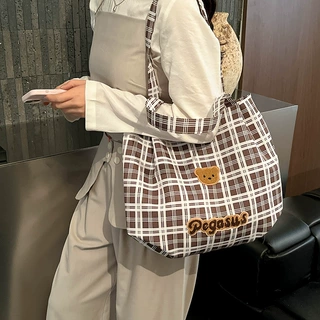 新款格子女包帆布包包女夏季ins日韩风大容量百搭刺绣单肩手提袋