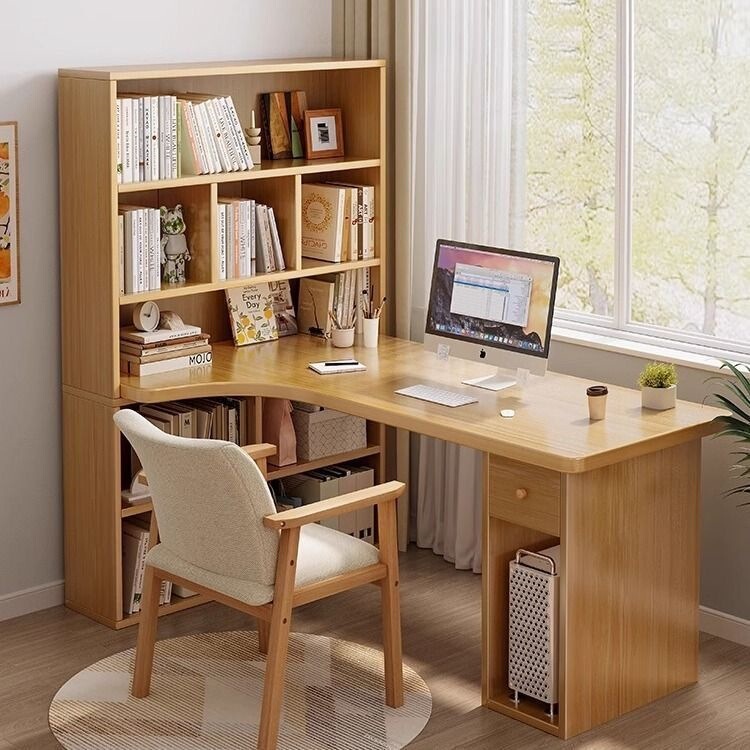 Corner desk, computer desk, bookshelf, and storage cabinet combination – a simple, all-in-one design for home use, suitable for students' bedrooms as a writing desk or study table