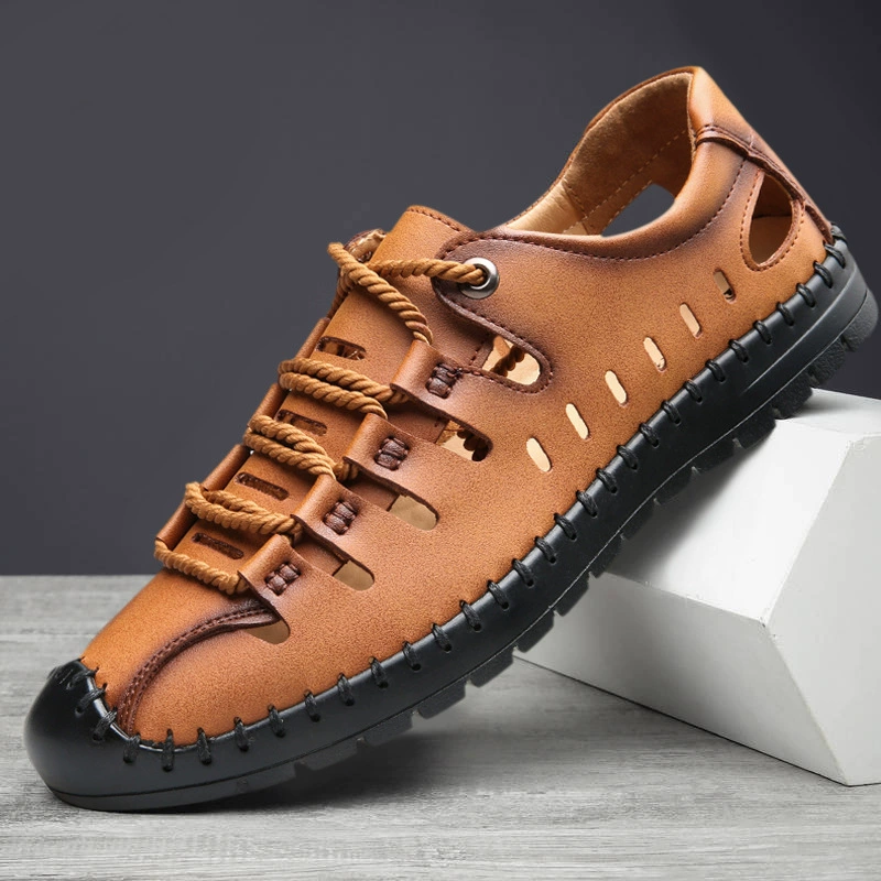 Сандалии мужские 2023 летние новые мужские повседневные кожаные туфли из натуральной кожи с нескользящими дышащими отверстиями пляжная обувь на мягкой подошве модные