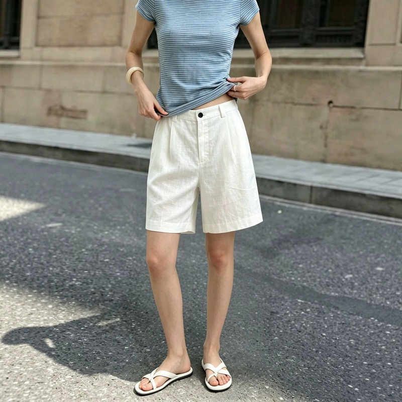 White Linen Shorts for Women, Summer New Style, Loose Wide-Leg Five-Point Pants, Cotton-Linen Trousers, Versatile for Commuting, Thin Pants