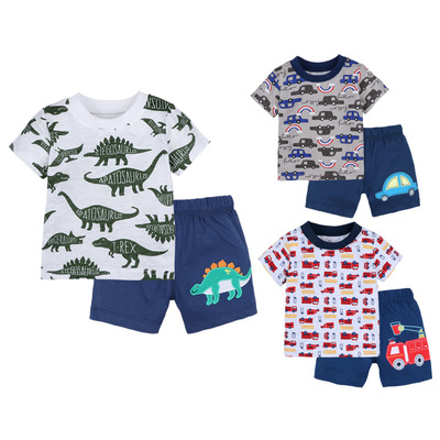 Cross border Infants Short sleeved Pullover pure cotton shorts Two piece set Male baby summer Cartoon printing T-shirt suit