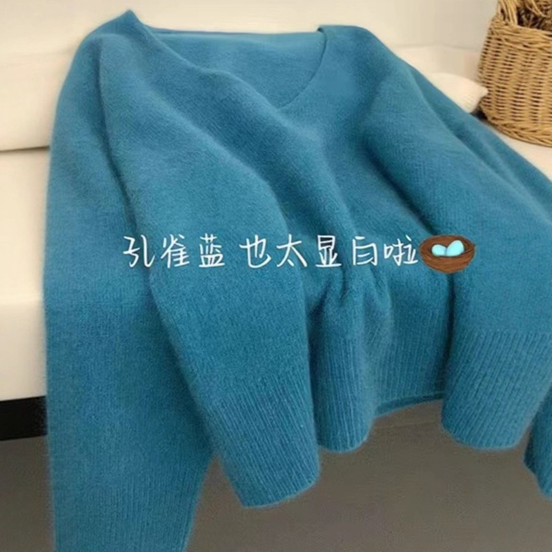 孔雀蓝v领套头毛衣女秋冬新款慵懒风外穿针织衫软糯短款套头上衣|undefined