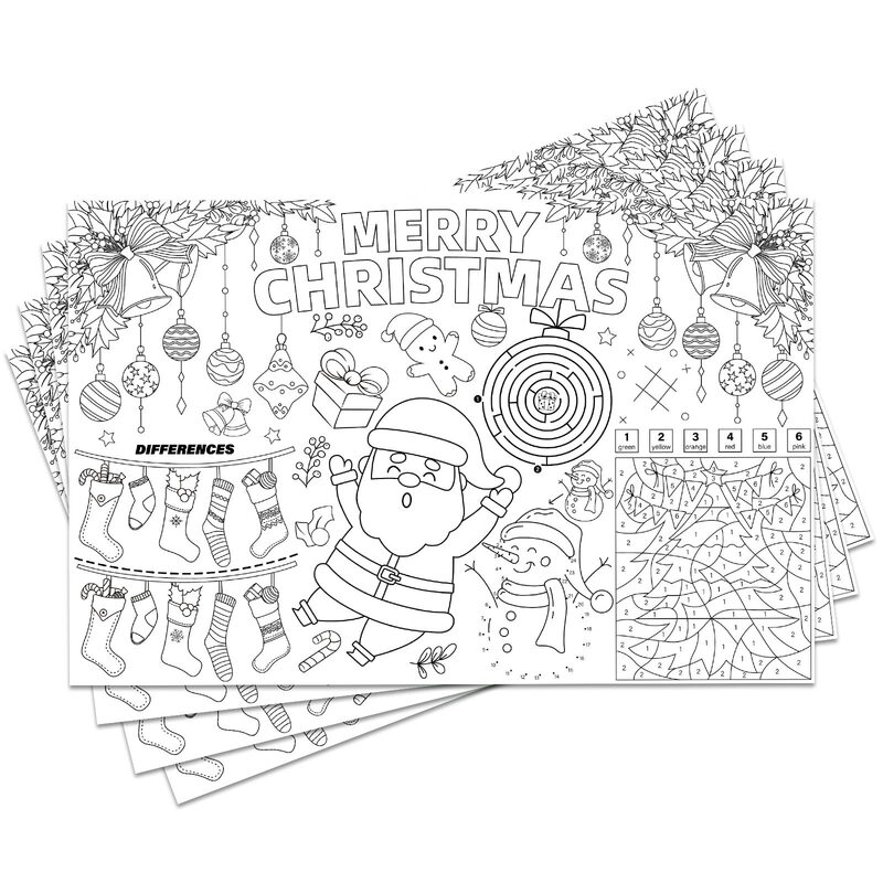 New Christmas-themed coloring paper placemats, colorful doodle designs for children, Christmas decorations, disposable paper tablecloths