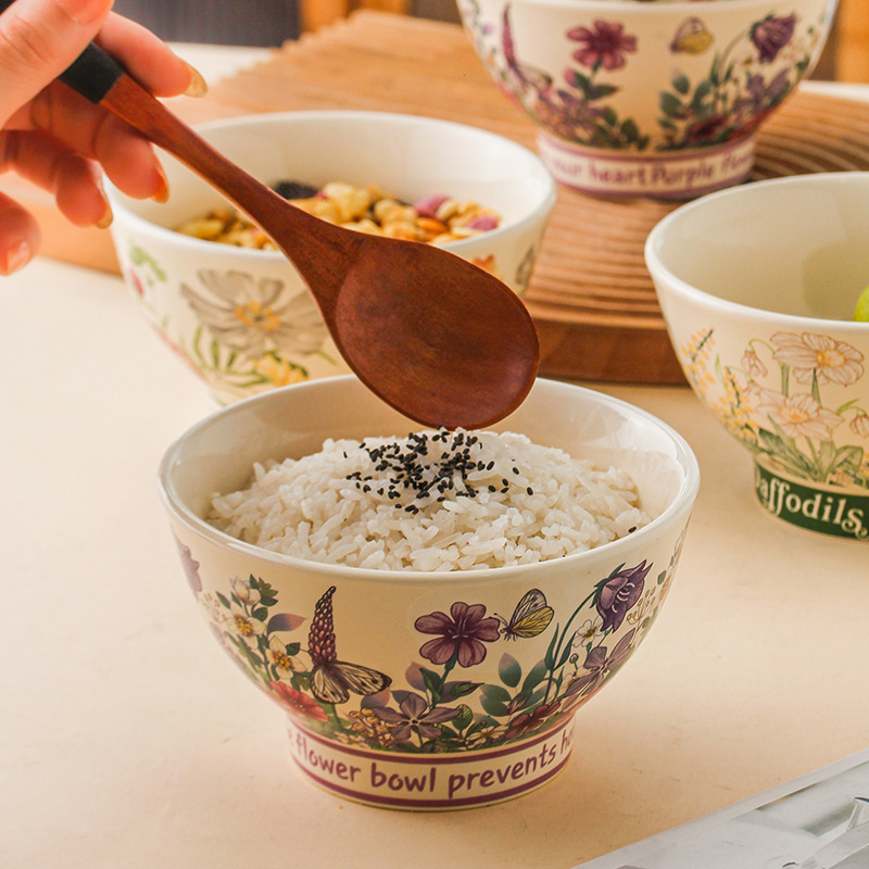 Orquídea de campana feliz lujosa doméstica ins viento cubiertos de arroz de pies altos tazón de fideos tazón de cerámica tazón de arroz de 5 pulgadas simple tazón