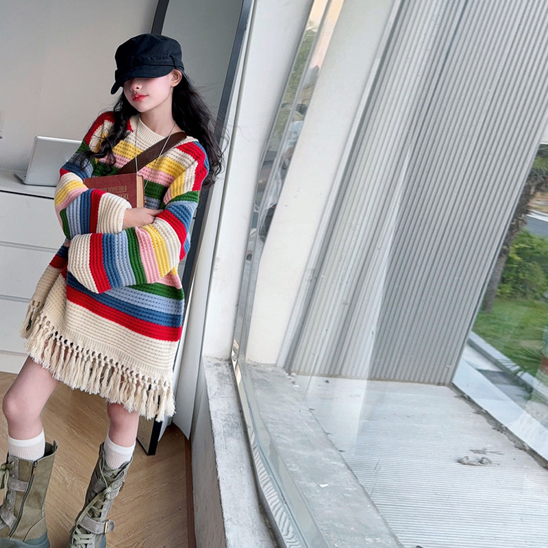 女童彩虹毛衣春秋款2025新款儿童秋季洋气时髦炸街套头针织衫裙子