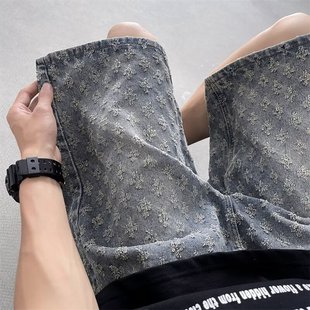 2025 American New Style Denim Shorts Men's Summer Loose Straight Ripped Jacquard High-End Three-Quarter Pants