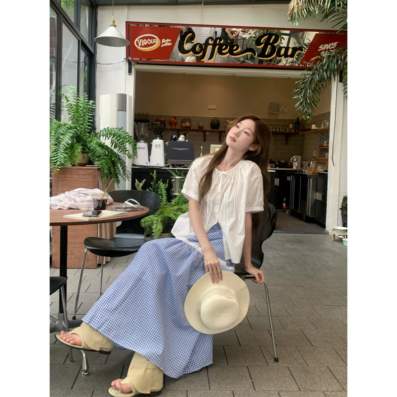 Реальный снимок и реальная цена. Новый французский милый топ на шнуровке с короткими рукавами + клетчатая юбка и длинная юбка, комплект из двух предметов.