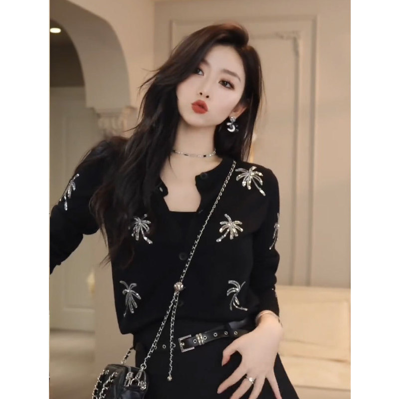 Black sequin embroidered knitted cardigan for women, 2026 spring/autumn new design, unique and fashionable top jacket Black sequin embroidered knitted cardigan for women, 2026 spring/autumn new design, unique and fashionable top jacket