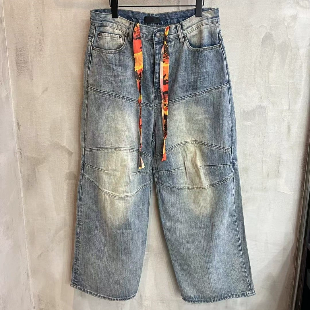 Джинсовые брюки, модные штаны, с завязкой на талии
