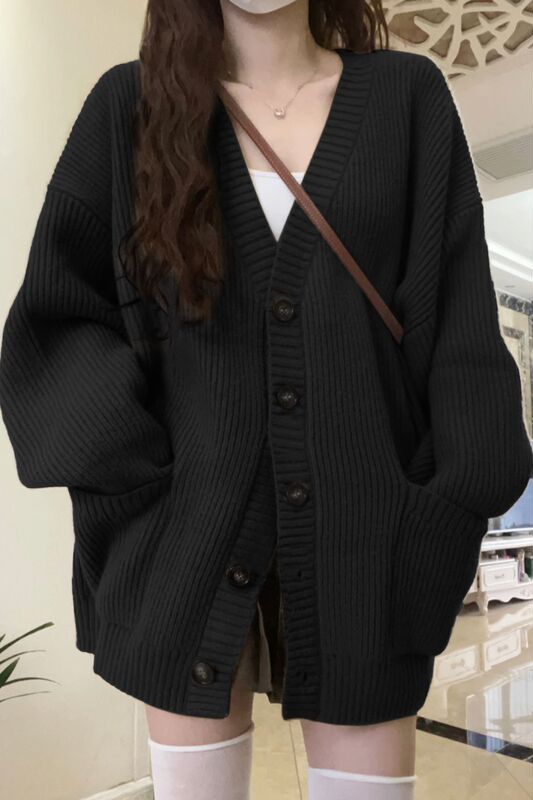 Petite Black Collar Knitted Sweater Jacket for Women Autumn and Winter New Style Lazy Style Soft and Waxy Loose Cardigan Petite Black Collar Knitted Sweater Jacket for Women Autumn and Winter New Style Lazy Style Soft and Waxy Loose Cardigan