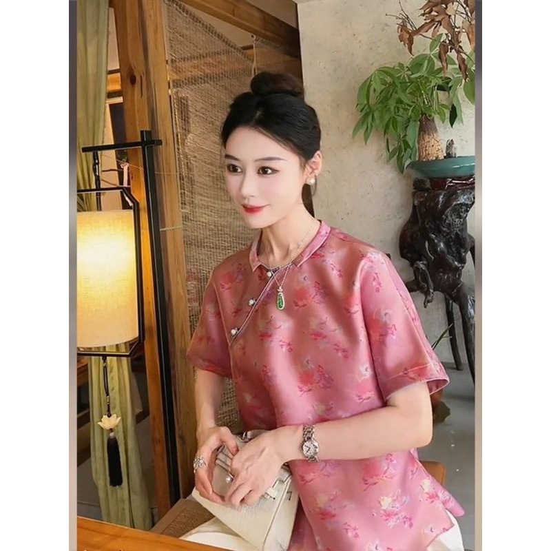 新しい中国風の婦人服 2025 夏服ユニークでシックな唐装中国風ピンク半袖シャツハイエンド宋錦トップ|undefined