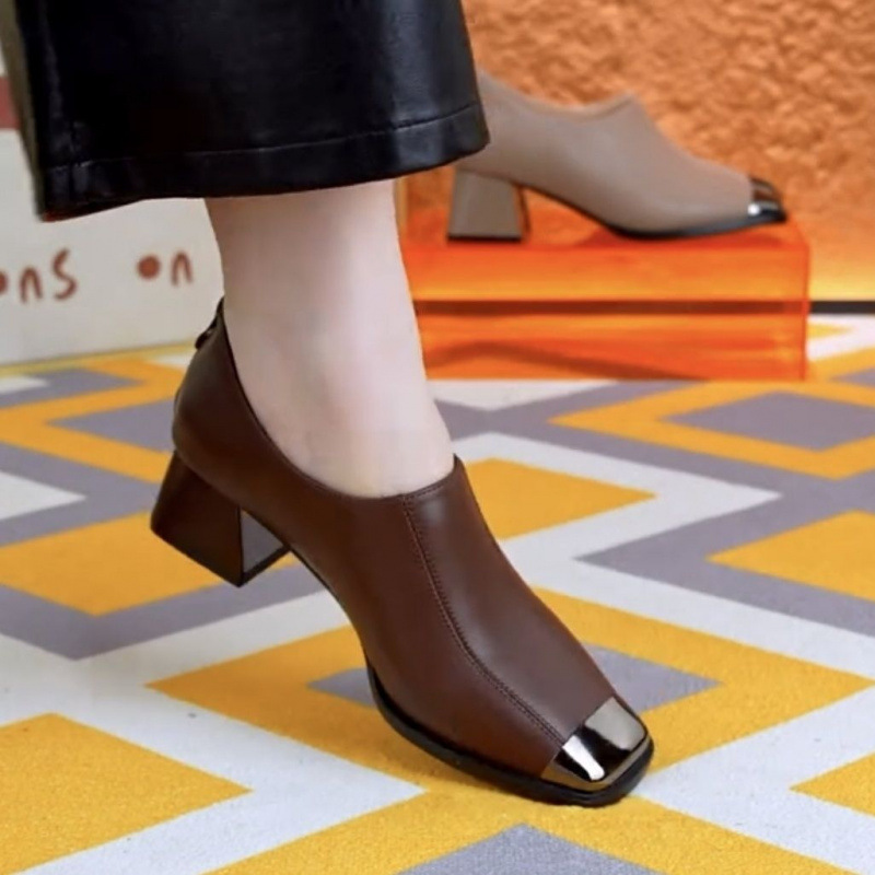 Women's Square-Toe Chunky Heel Single Shoes for Spring and Autumn, New Popular Versatile High-Heeled Soft Leather Deep-Mouth Shoes